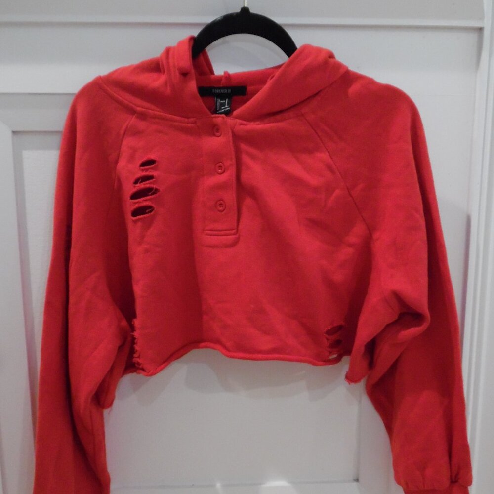 Forever 21 Red Distressed Cropped Hoodie